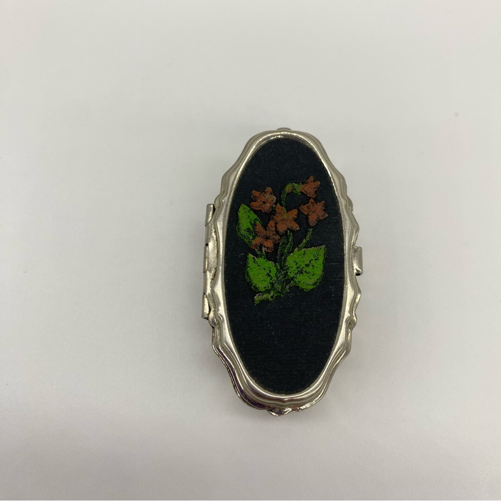 Vintage Oval Pill Box with Velveteen Floral Motif Lid